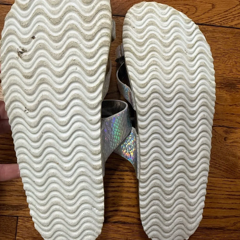 Steve Madden Holographic Double-Buckle Slide Sandals‎ - Iridescent Silver